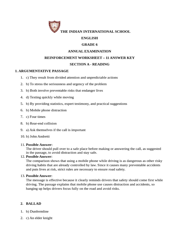 Gr6 - AE - Reinforcement Worksheet 11 - Answer Key | PDF