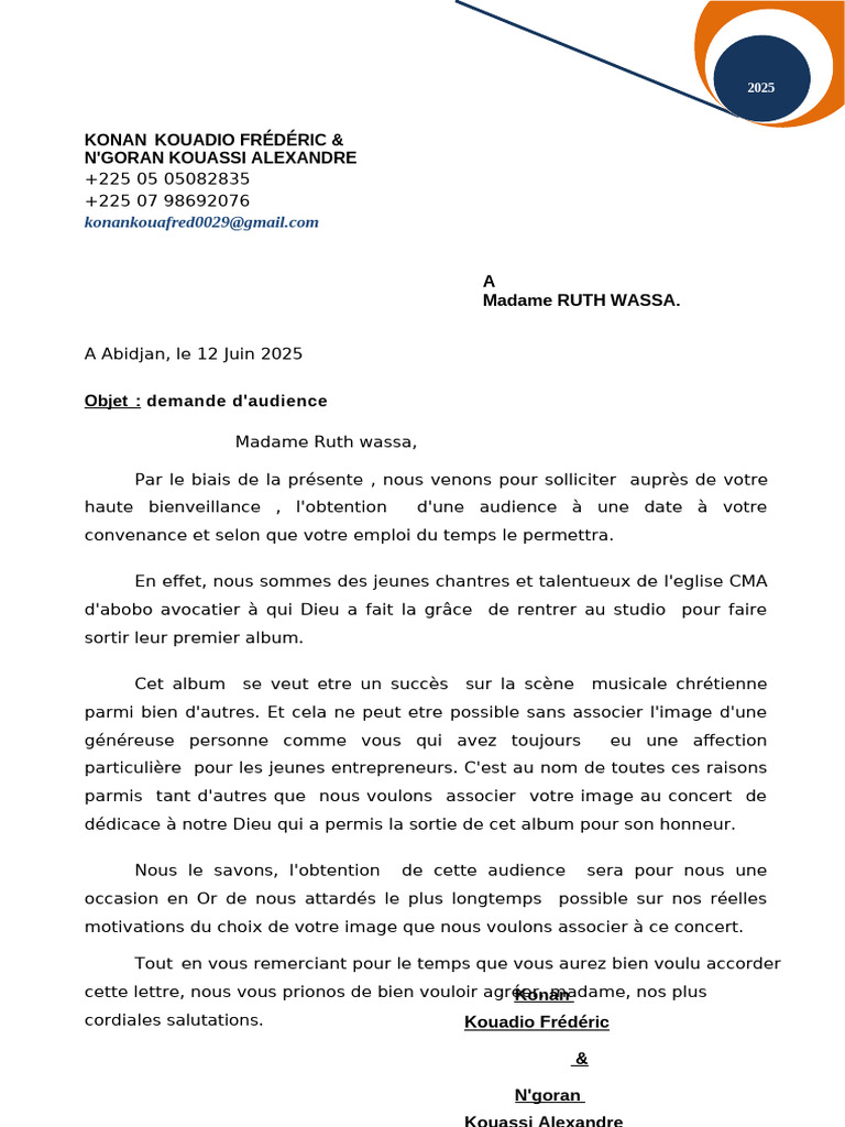 Lettre de Demande Audience Tata Ruth | PDF