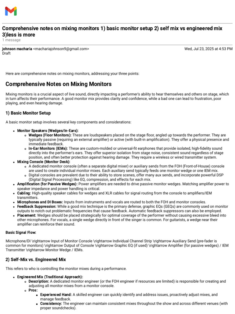 Gmail - Comprehensive Notes On Mixing Monitors 1) Basic Monitor Setup 2 ...