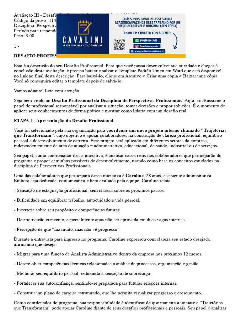 Avaliação III - Desafio Profissional de Perspectivas Profissionais ...