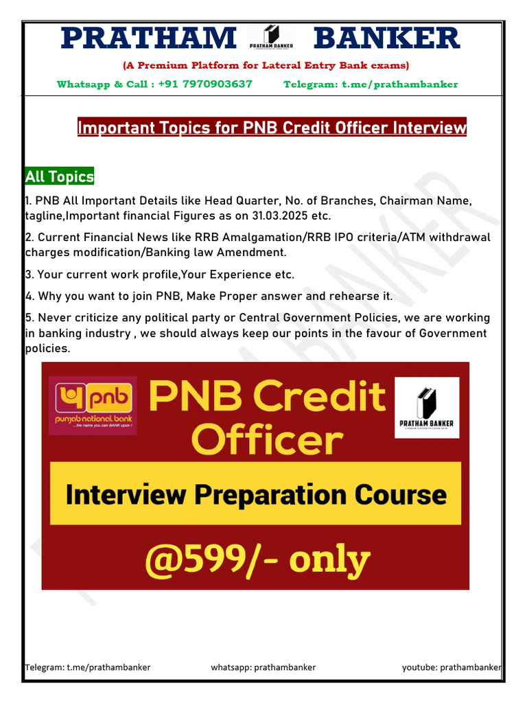 Important Topics For PNB Credit Officer Interview | PDF | Banks | Banking
