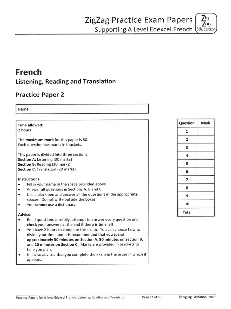ZZ French A Level Practice 2 Question Paper | PDF