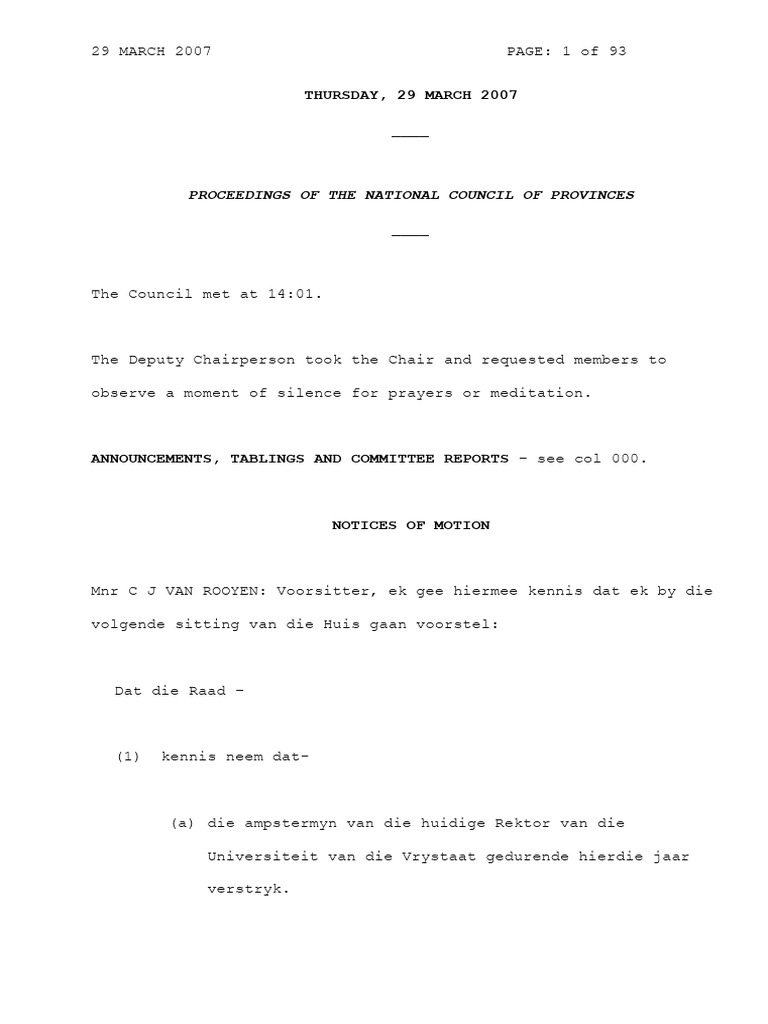 Proceedings of The National Council of Provinces:: Thursday, 29 March ...