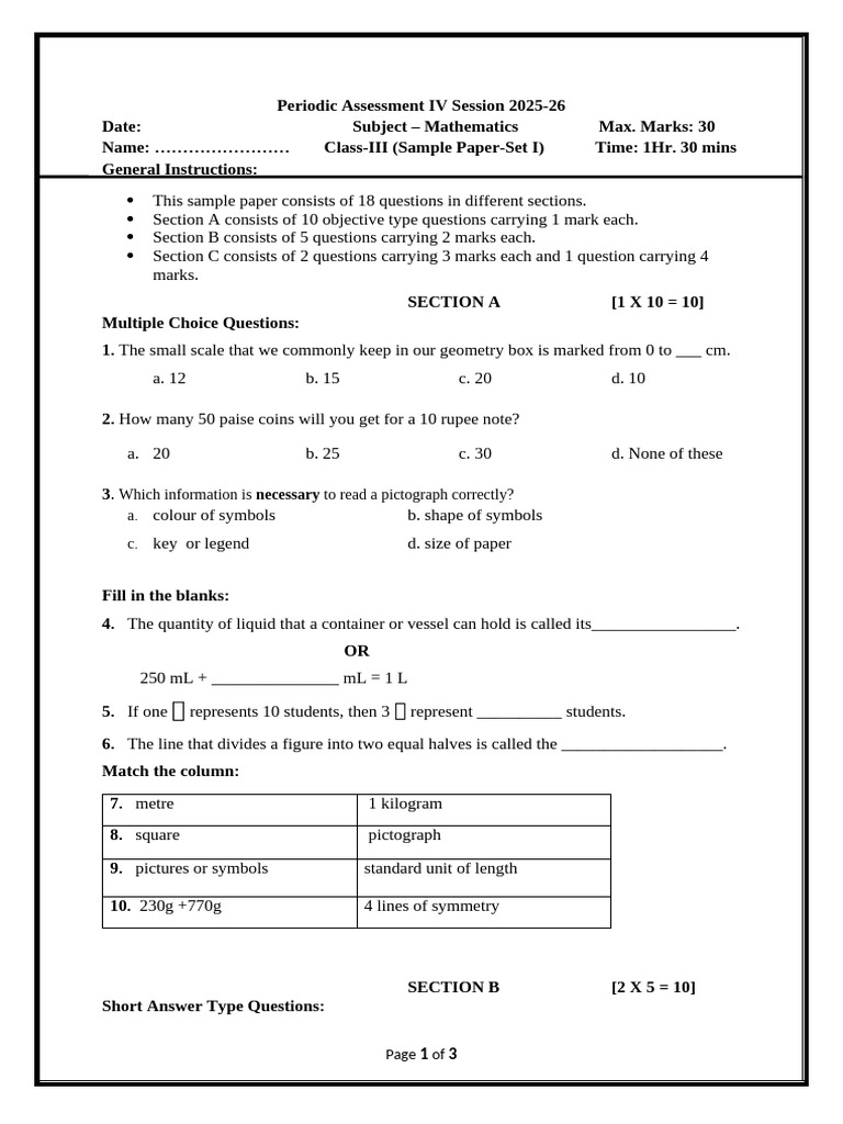 SP Math Class III Set I Ae 2025 26 | PDF