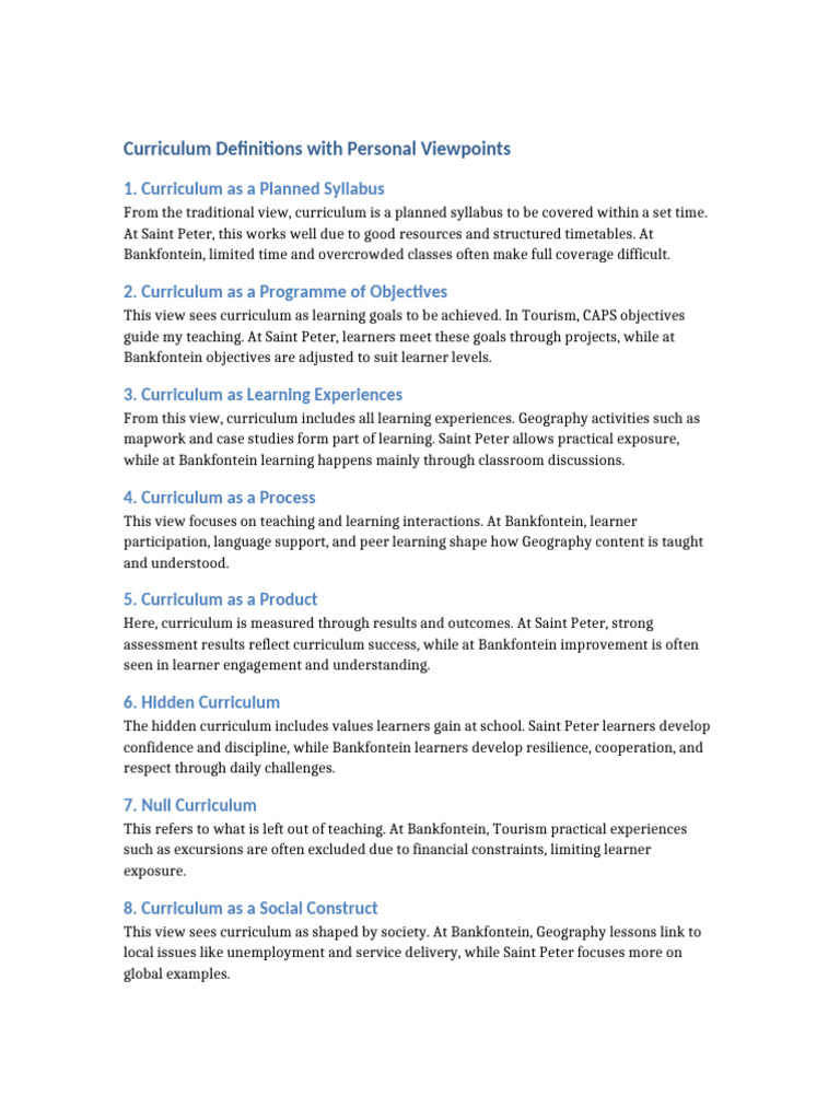 Curriculum Definitions Personal Viewpoints | PDF | Curriculum | Learning
