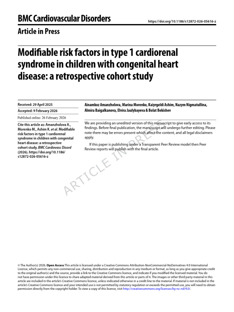 Modifiable Risk Factors in Type 1 Cardiorenal Syndrome in Children With ...