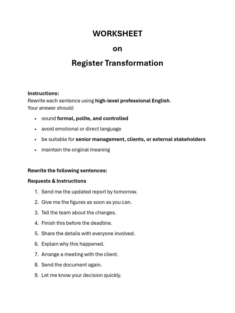Worksheet On Register Transformation: Instructions: High-Level ...