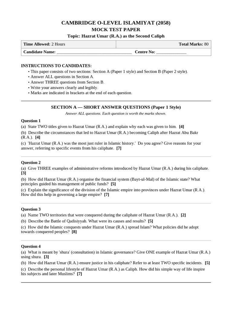 Islamiyat Umar Mock Paper | PDF | Umar | Caliphate
