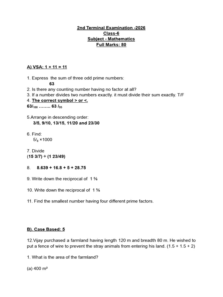 Mathematics, Class 6, 2nd Terminal Examination - 2026 | PDF