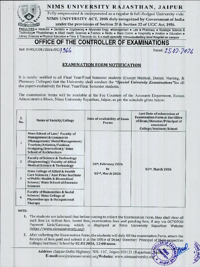 1966 - Examination Form Notification | PDF