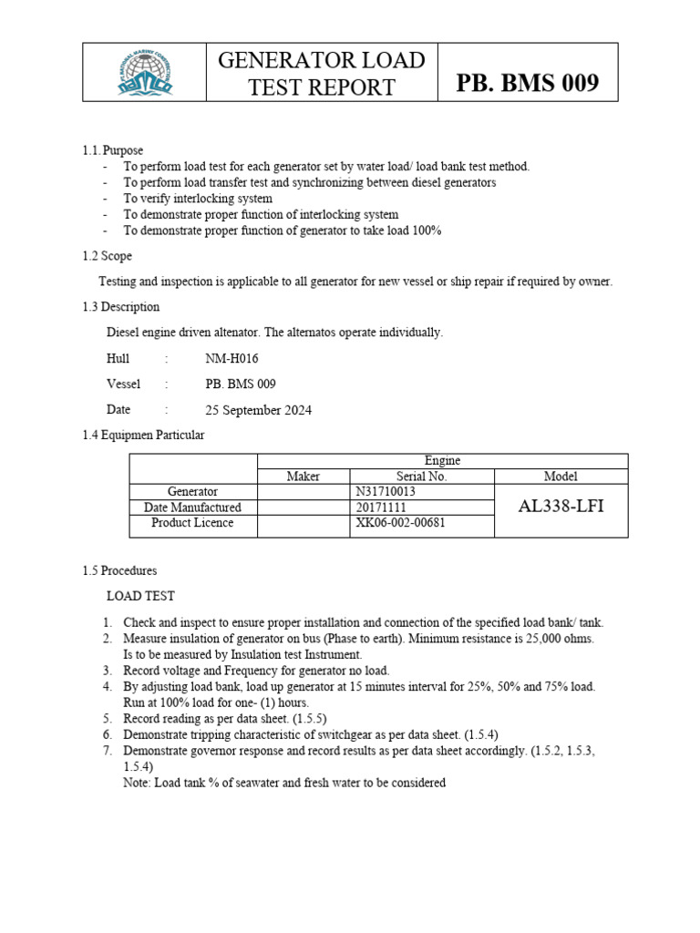 Generator Load Test Report Hull 016 - PB. BMS 009 | PDF | Electric ...