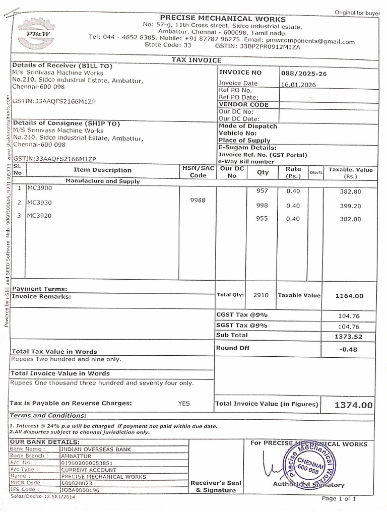 Srinivasa Machine Works Invoice | PDF