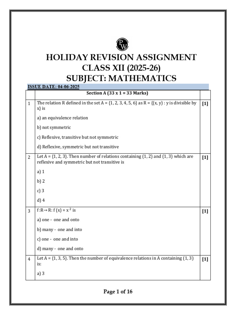 Holiday Assignment Class Xii (2025 26) | PDF | Matrix (Mathematics ...