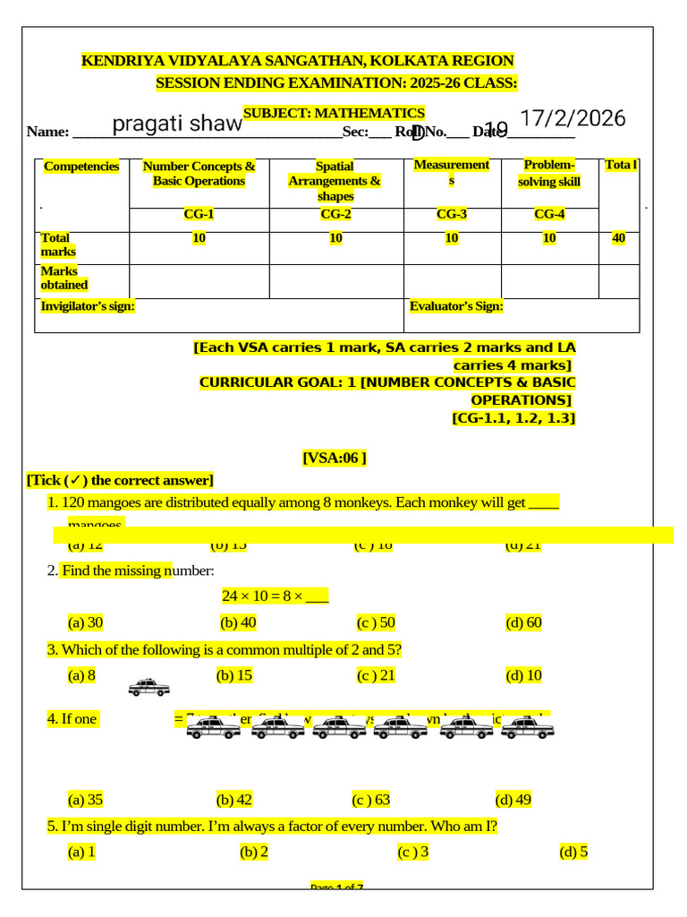 Maths Class V Practice Set | PDF | Area