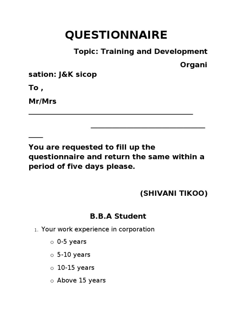Questionnaire On Training and Development PDF Consultant Leadership