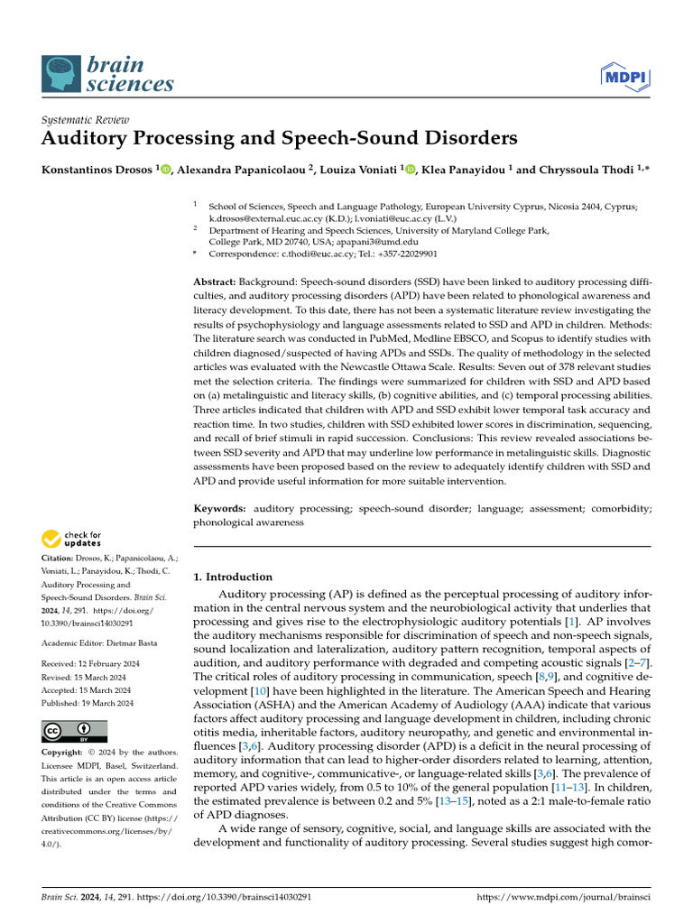 Drosos 2024 Auditory Processing and Speech Sound Disorders | PDF ...
