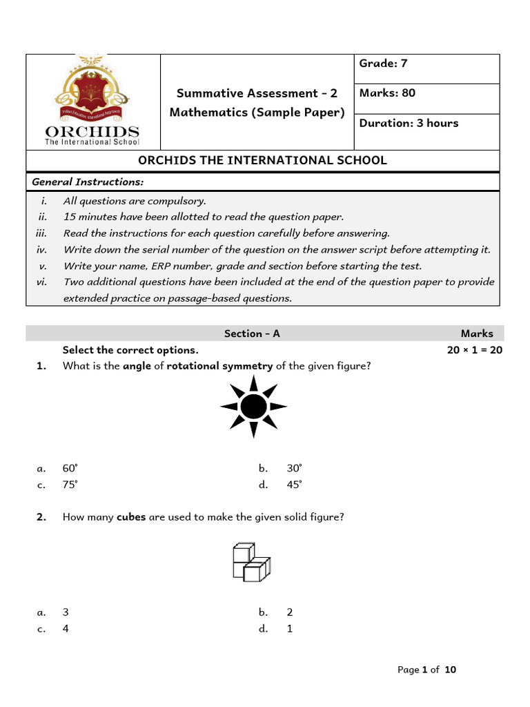 SA2 - T2 - Grade 7 - Mathematics - QP - OIS - Sample Paper | PDF ...