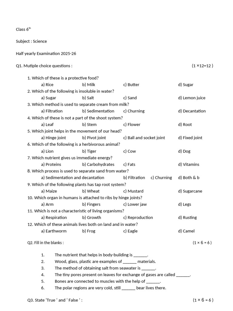 Class 6th Science Half Yearly Examination | PDF | Foods