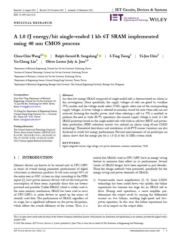A 1.0 FJ Energy Per Bit Single Ended 1 KB 6T SRAM Implemented | PDF ...