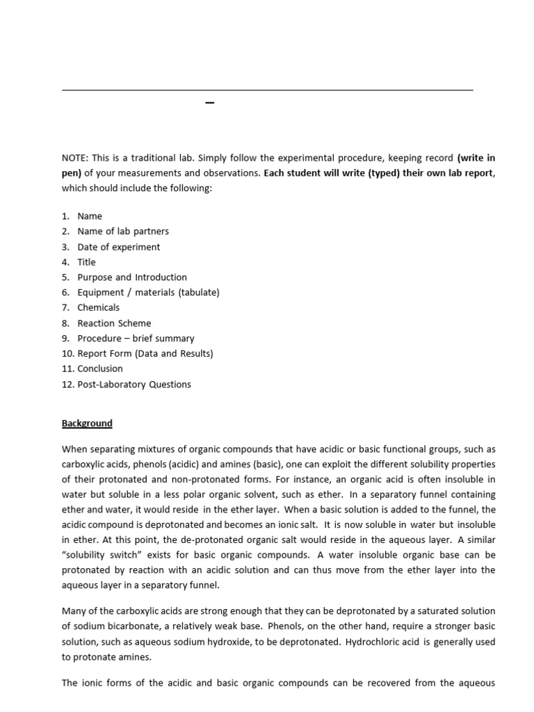 ORC601S Experiment 1 Acid Base Extraction | PDF | Solubility | Acid