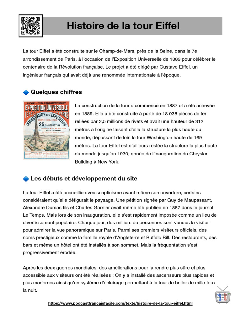 Histoire de La Tour Eiffel FLE | PDF