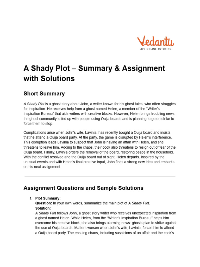 A Shady Plot - Summary & Assignment With Solutions | PDF