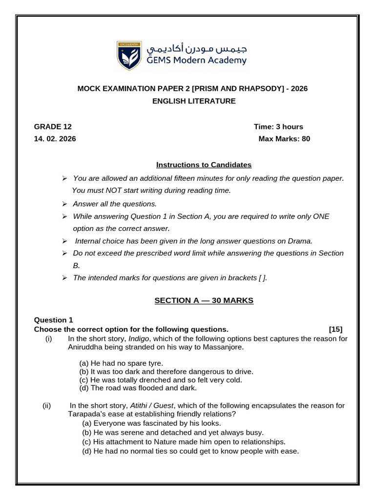 Grade 12 Lit Mock Exam Paper 2 QP | PDF | Poetry