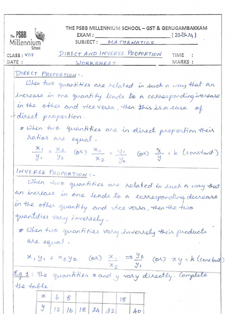 Class 8 Direct and Inverse Proportion WS1701941150 | PDF