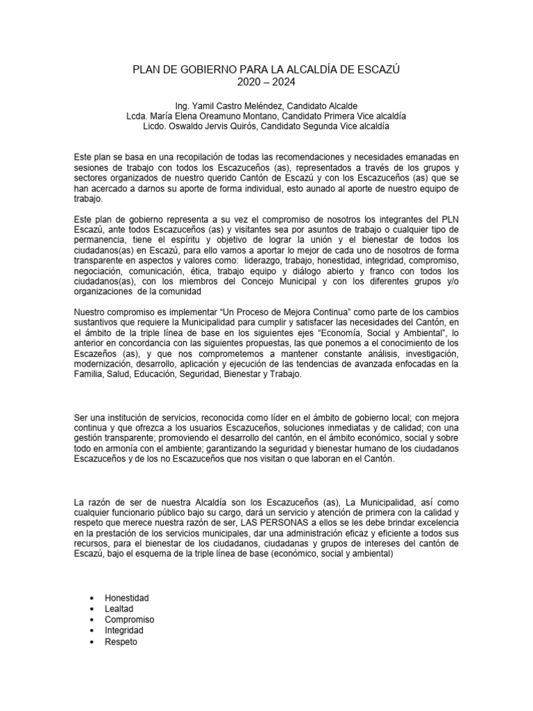Plan de Gobierno para La Alcaldía de Escazú | PDF | Gobierno local ...