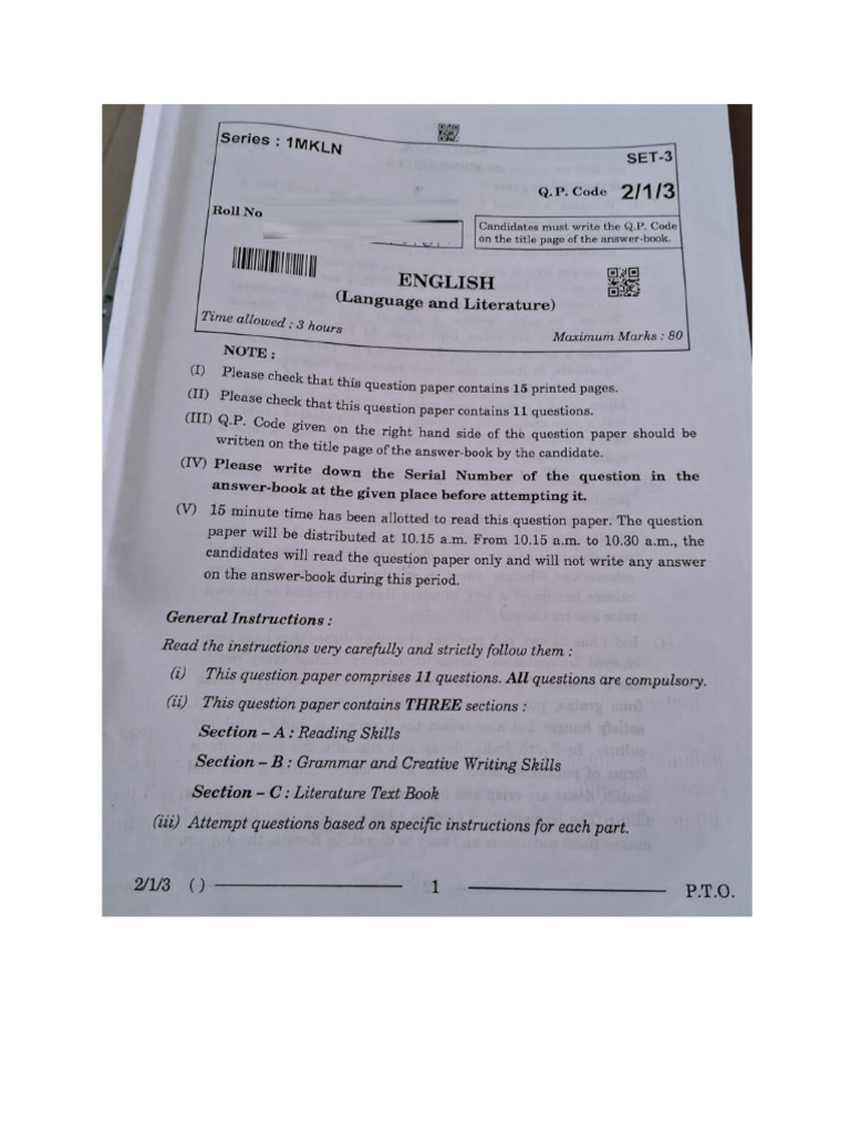 CBSE Class 10 English Question Paper 2026 PDF | PDF