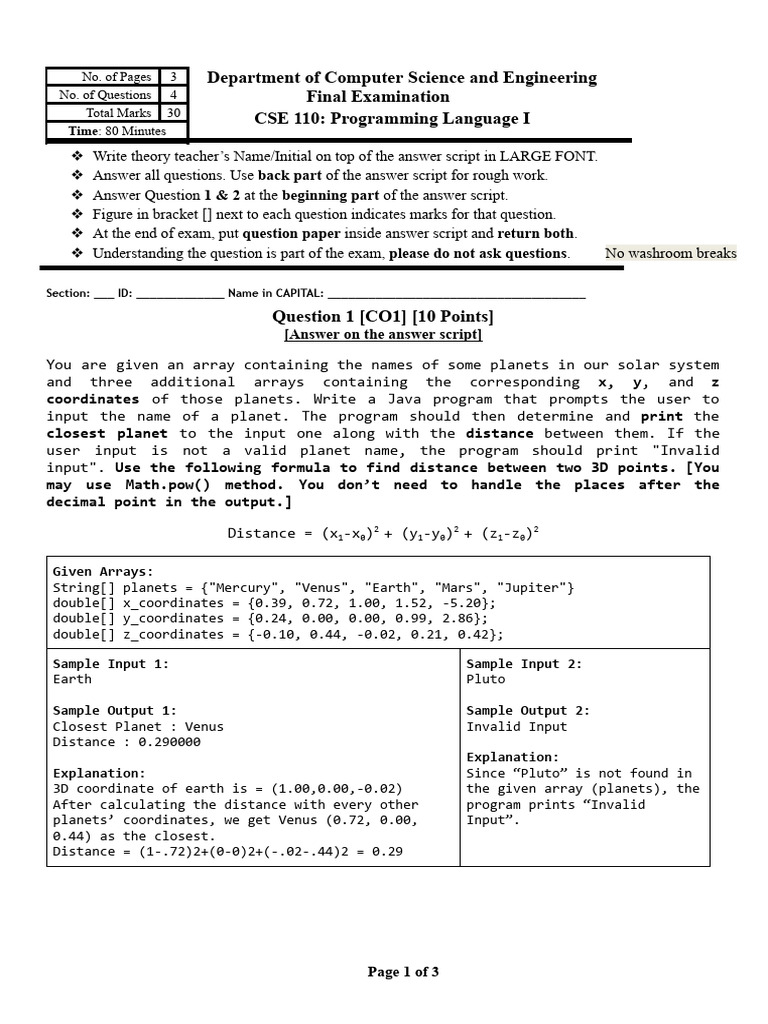 CSE111 Sample Final Question | PDF | Boolean Data Type | Planets