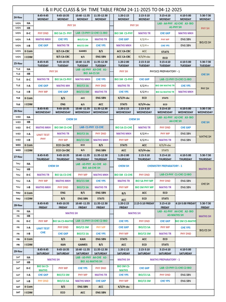 I & II Puc Class & SH Time Table From 24-11-2025 To 04-12-2025 | PDF