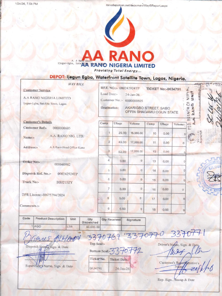 AA RANO Waybill 50kltrs | PDF