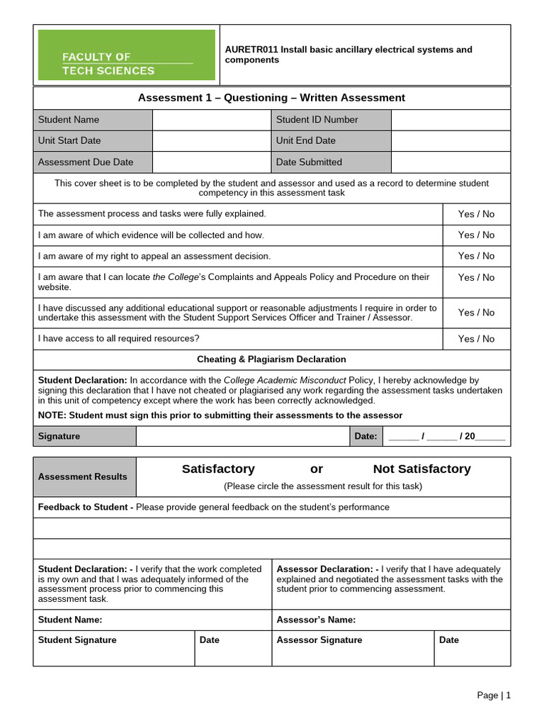 FTS Assessment 1 Student Questioning Written Knowledge Assessment ...