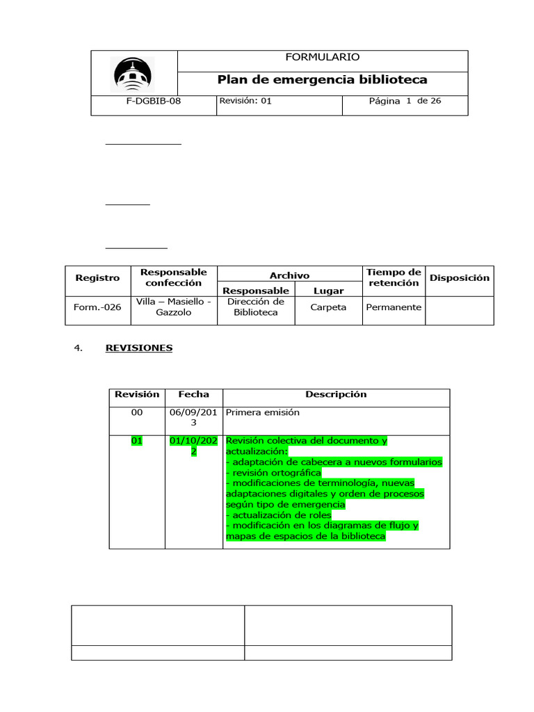 F-DGBIB-08 Rev.01 - Plan de Emergencia Biblioteca 2022 | PDF | Agua | Molde