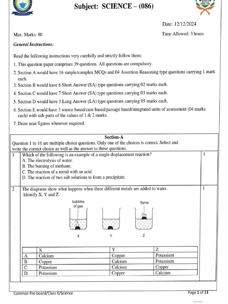 10 Science Sample Paper 3 | PDF