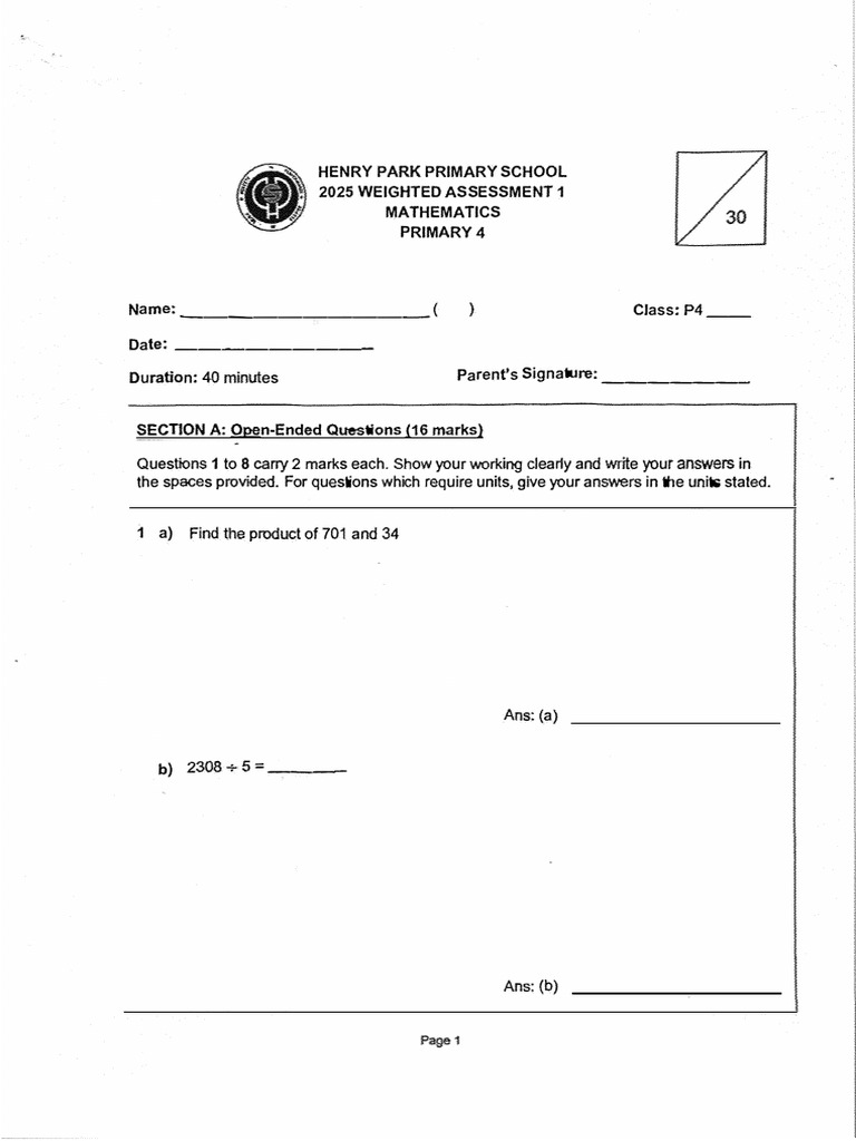 2025 P4 Maths Weighted Assessment 1 Henry Park | PDF