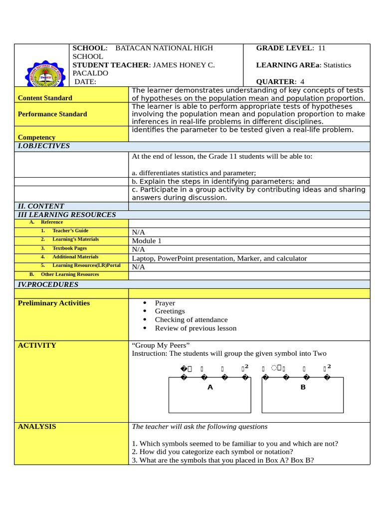 4as Lesson Plan Semi Detailed | PDF | Statistics | Mean