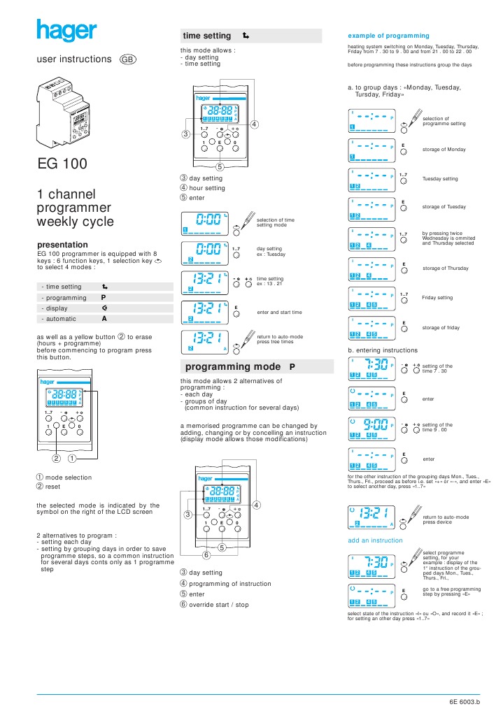 Hager EG100 Timer User Manual Computer Engineering Electrical