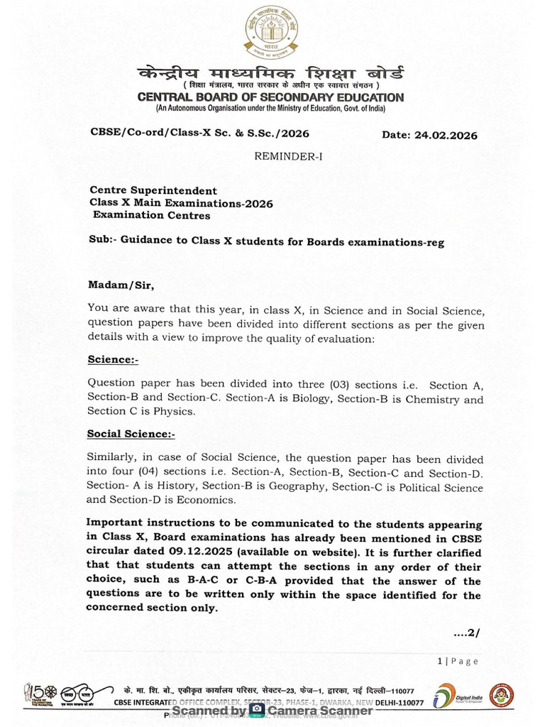 CBSE Circular No. Co-Ord Class-X Sc. & S.sc.2026 Dated 24.02.2026 | PDF