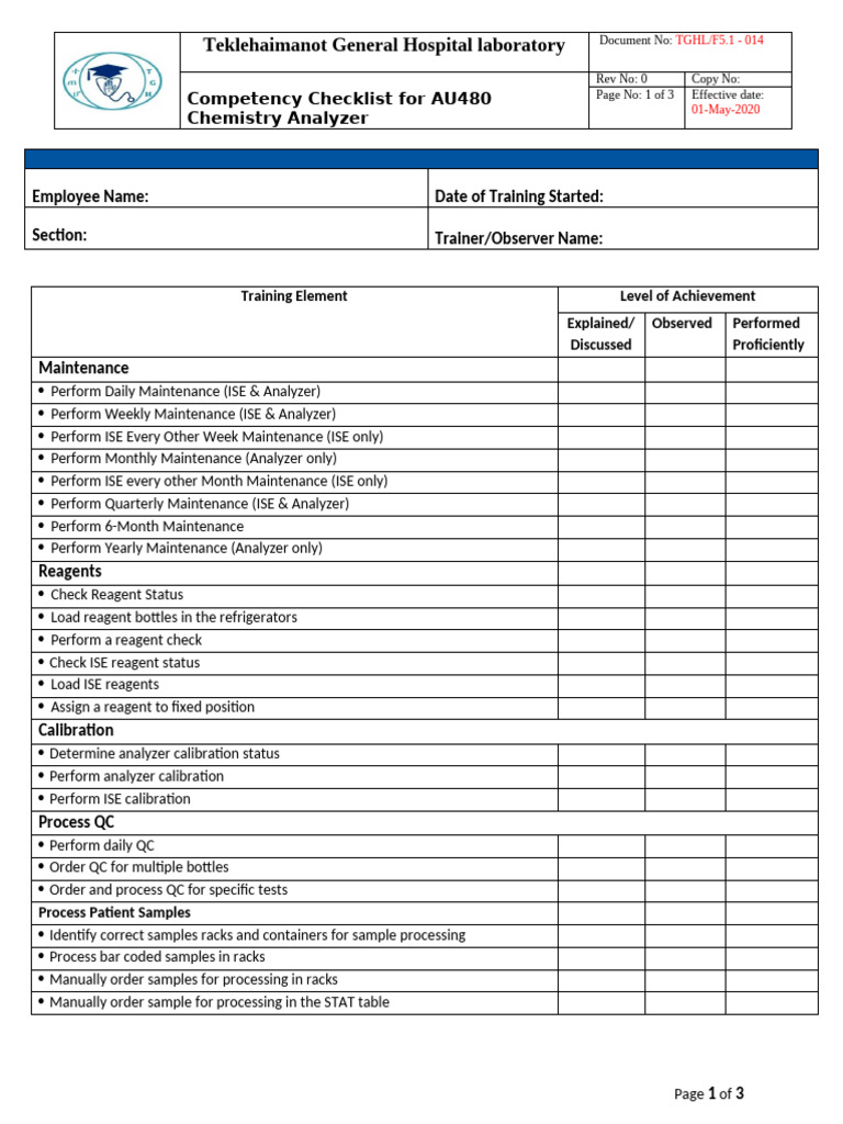 Competency Checklist For AU480 Chemistry Analyzer | PDF