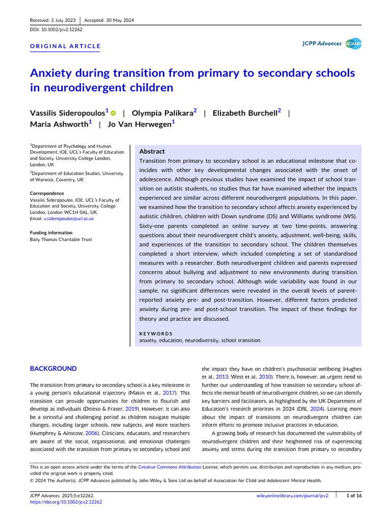 JCPP Advances - 2024 - Sideropoulos - Anxiety During Transition From ...