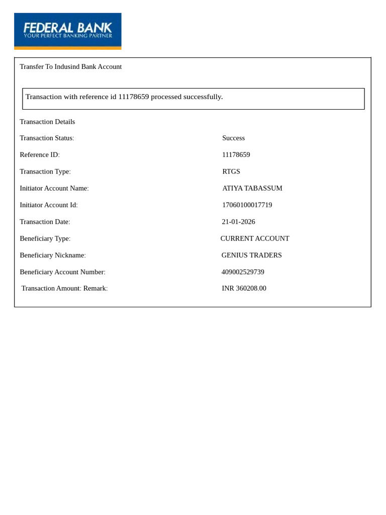 Transaction Details Federalbank RTGS | PDF