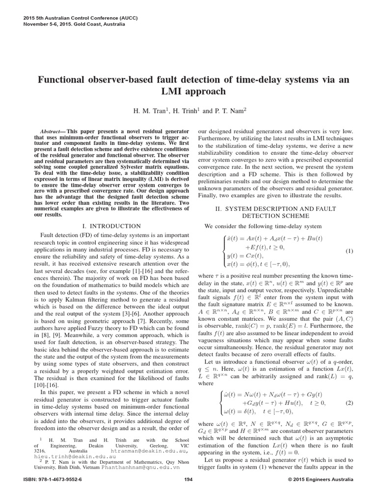 Functional Observer-Based Fault Detection of Time-Delay Systems Via An ...