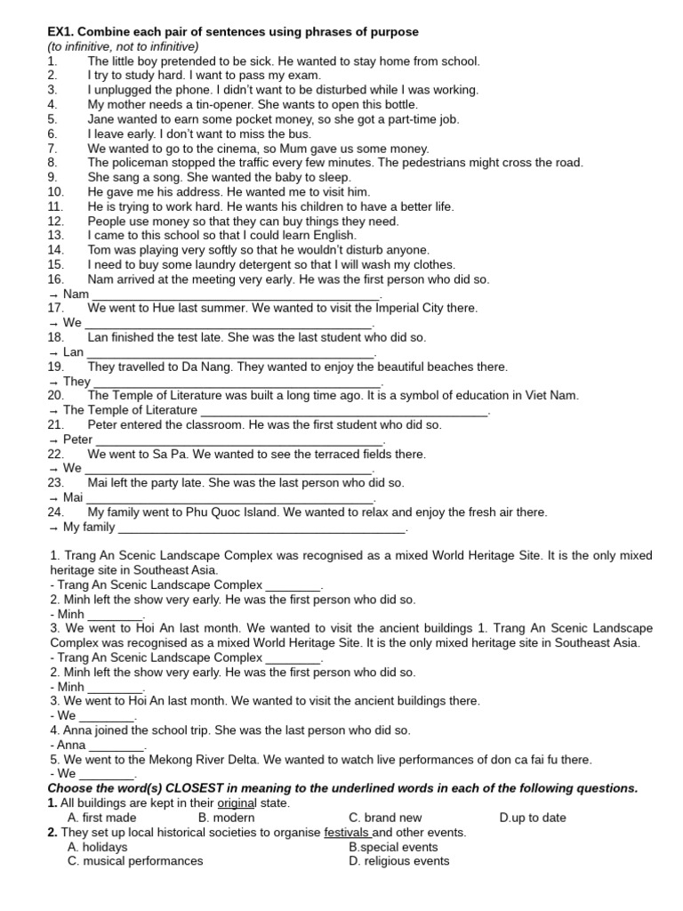 (To Infinitive, Not To Infinitive) : EX1. Combine Each Pair of ...