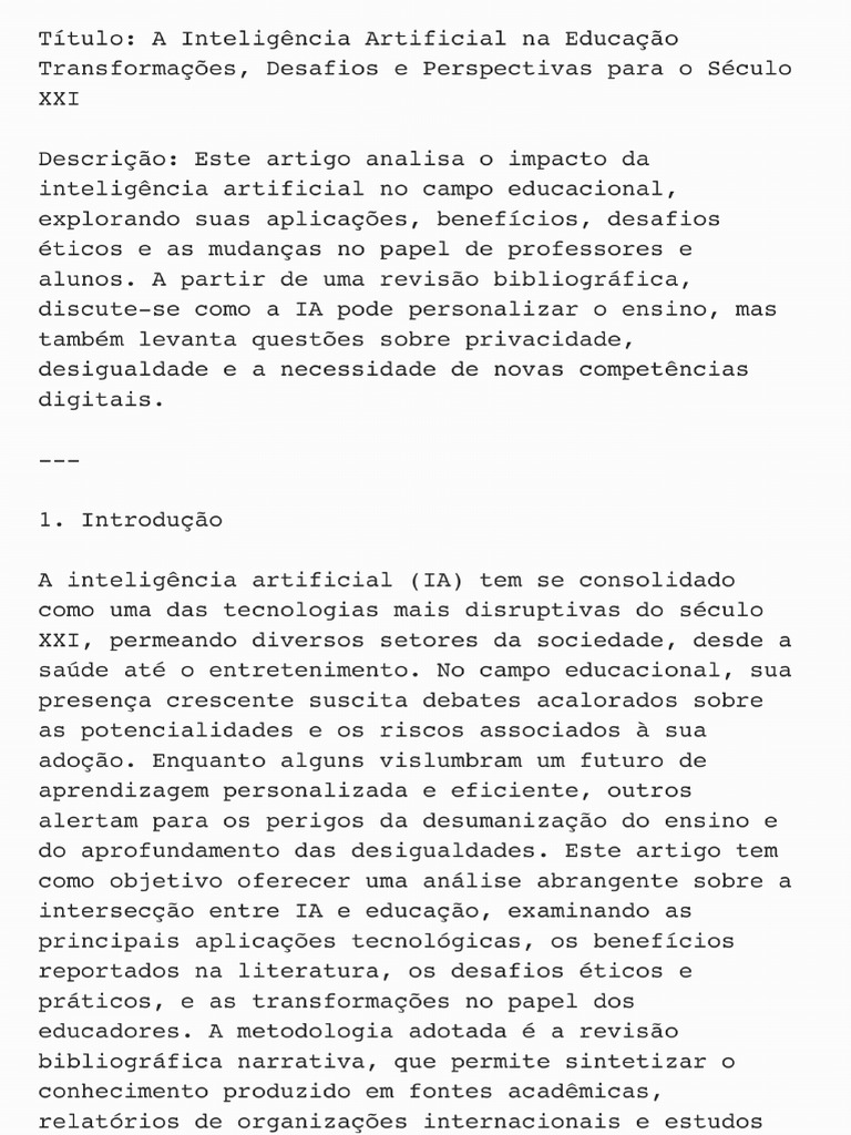 A Inteligência Artificial Na Educação Transformações, Desafios e ...