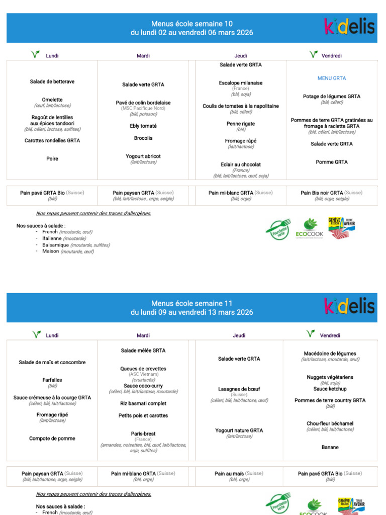 Menus Ecoles Plan-Les-Ouates FV 03-s10 - V 2 | PDF | sauce | Légumes