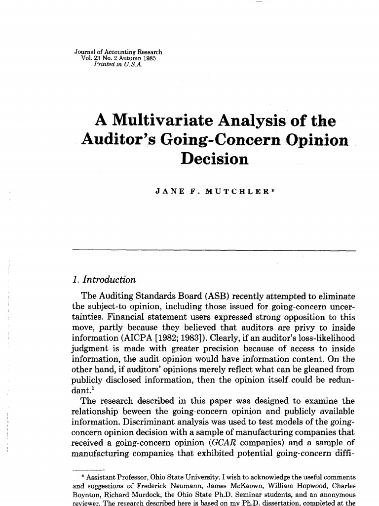A Multivariate Analysis Of The Auditor s Going Concern Opinion Decision