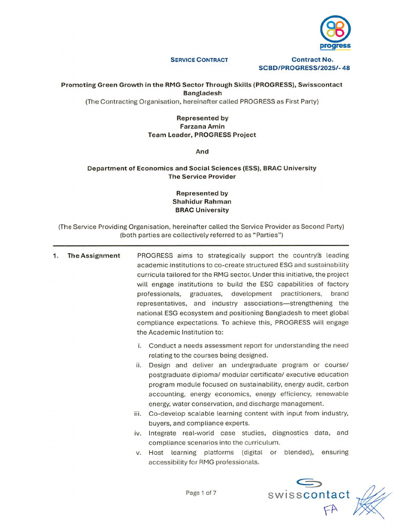 PROGRESS Project - Final Signed Contract - BRACU-ESS | PDF