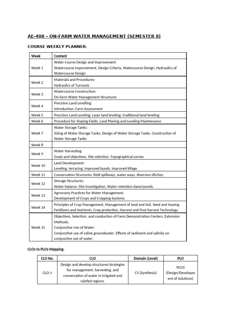 AE408 Weekly Schedule and CLO PLO Mapping | PDF | Soil | Irrigation